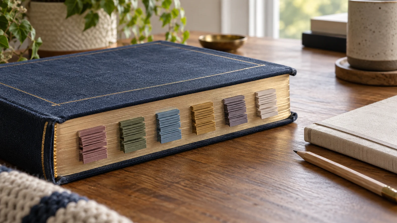 Libro de estudio cerrado con separadores de colores organizados por secciones.