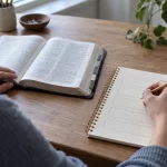 Cómo leer un capítulo de la Biblia sin aislar un versículo Persona tomando notas en cinco casillas junto a un libro de estudio abierto.