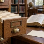 Fichero de biblioteca abierto con tarjetas de referencia junto a un libro de estudio.