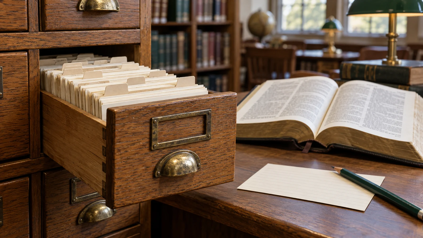 Fichero de biblioteca abierto con tarjetas de referencia junto a un libro de estudio.