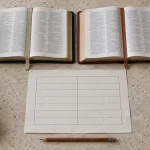 Pasajes paralelos de la Biblia: método de comparación sin mezclar relatos Dos libros abiertos y una tabla de dos columnas para comparar pasajes.