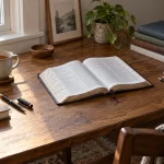 Mesa con un diario personal, un libro abierto y materiales de consulta.