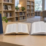 Tres ediciones de libros de estudio expuestas en una mesa de biblioteca.
