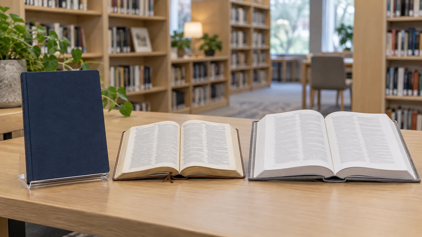 Tres ediciones de libros de estudio expuestas en una mesa de biblioteca.
