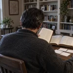 No entiendo un pasaje bíblico: seis comprobaciones antes de interpretarlo Persona consultando dos libros y tarjetas de notas en una biblioteca doméstica.