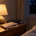 Oración al terminar el día: revisión breve sin culpa Mesita de noche con lámpara cálida, cuaderno y libro junto a la cama.
