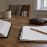 Libro abierto y cuaderno de notas con una cartera cerrada al fondo.