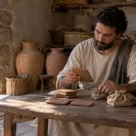 Recreación de un administrador de la antigüedad revisando tablillas y bolsas de almacenamiento.