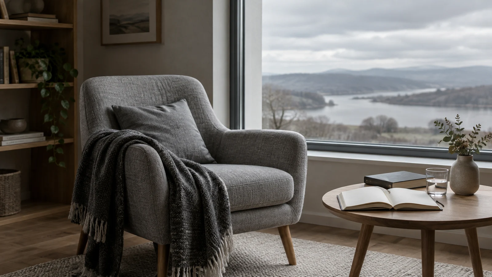 Sillón vacío junto a una ventana gris y una mesa con libros y un cuaderno.
