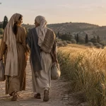 Recreación de dos mujeres caminando juntas junto a un campo de cereal.