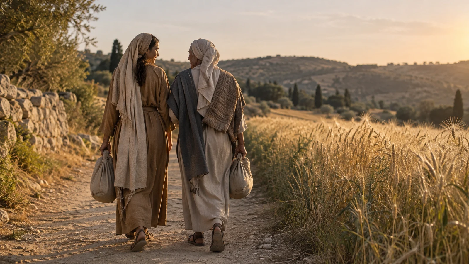 Recreación de dos mujeres caminando juntas junto a un campo de cereal.