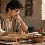 Recreación de un joven estudiando junto a manuscritos, legumbres y verduras.