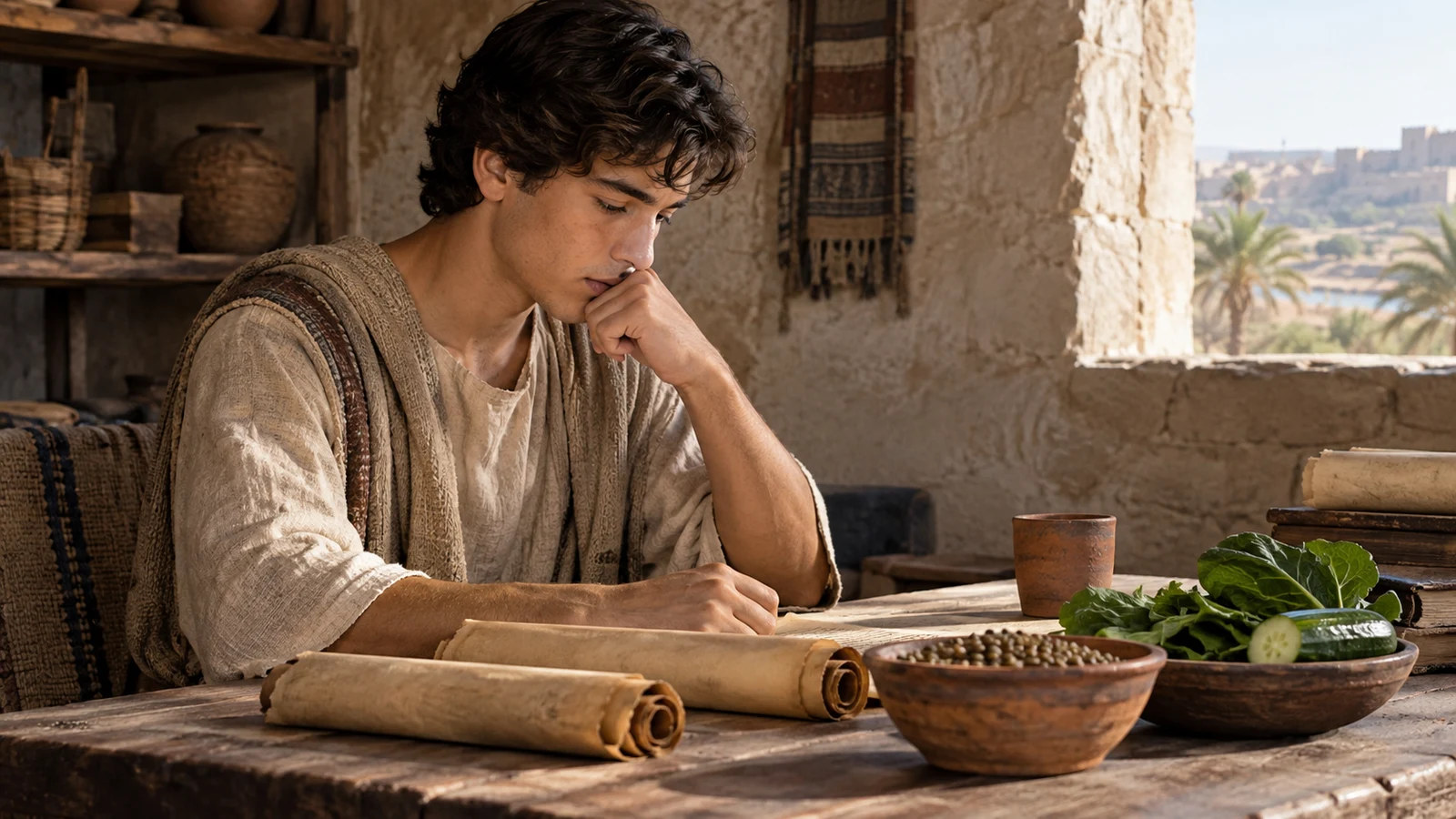Recreación de un joven estudiando junto a manuscritos, legumbres y verduras.