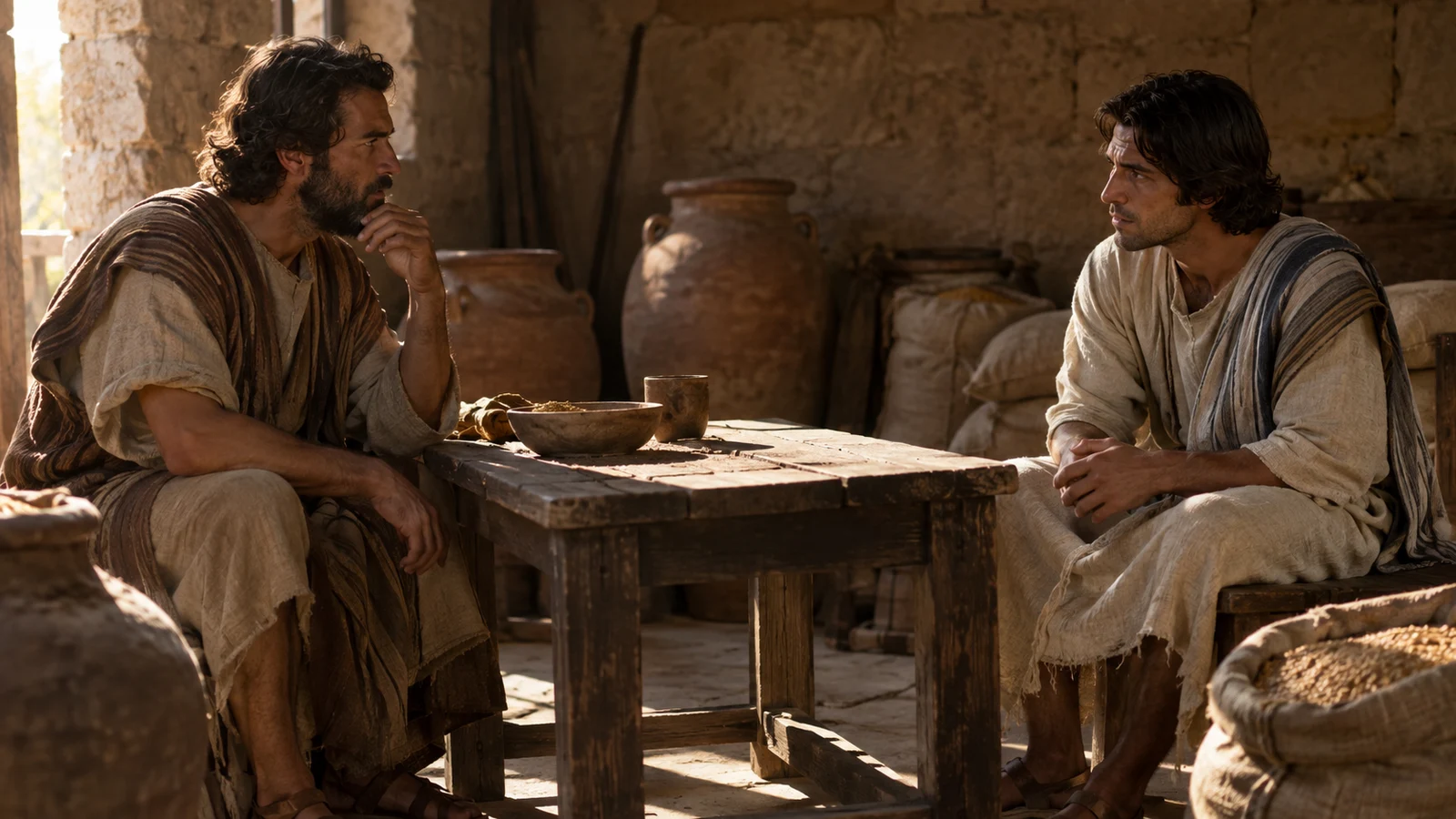 Recreación de dos hermanos conversando en un almacén de grano de la antigüedad.