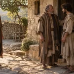Recreación de un padre y dos hijos adultos ante una casa rural antigua.