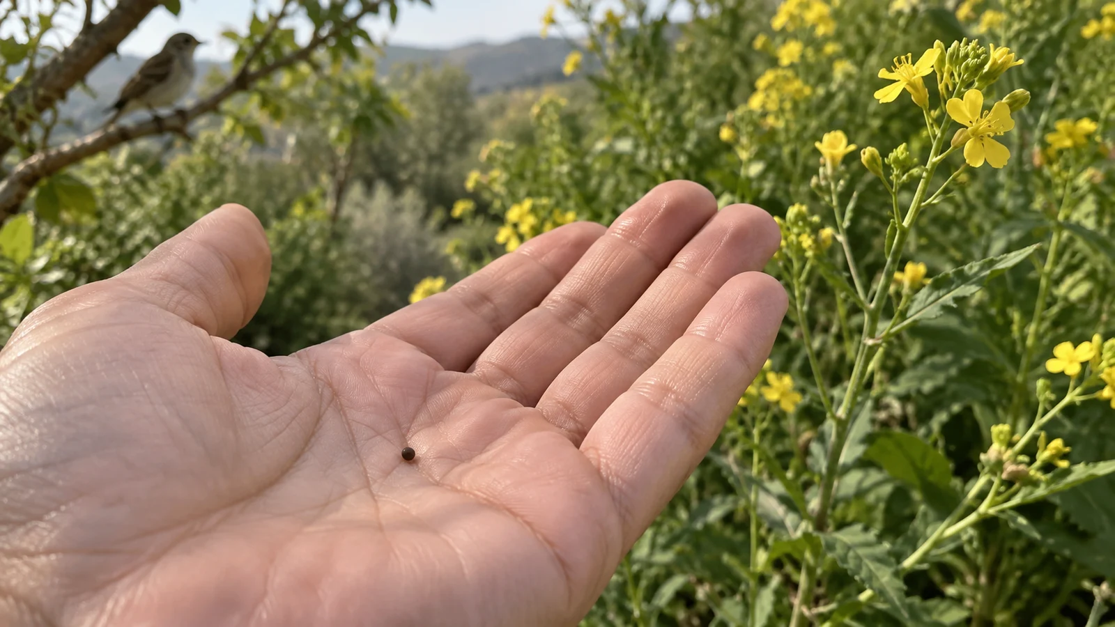 Pequeña semilla de mostaza en una palma, con una planta florida al fondo.