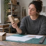 Decisiones con criterio: diez fichas para observar, elegir y revisar Mujer revisando un prototipo de cartón junto a hojas de trabajo en un taller.
