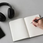 Notas de audiolibro: convertir una idea escuchada en una acción Mano tomando notas junto a unos auriculares y un teléfono con la pantalla apagada.