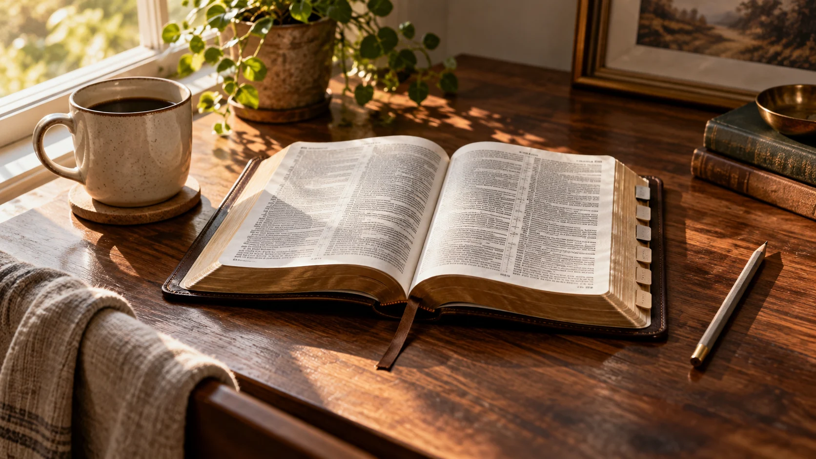 Biblia abierta con separadores sobre una mesa junto a una ventana.
