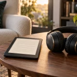 Lector de libros electrónicos y auriculares sobre una mesa.