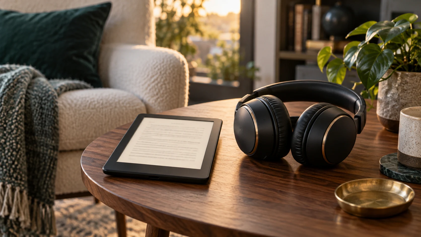 Lector de libros electrónicos y auriculares sobre una mesa.