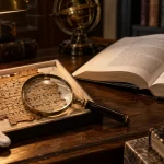 Ilustración editorial de un manuscrito antiguo junto a un libro de estudio; no representa un documento arqueológico real.
